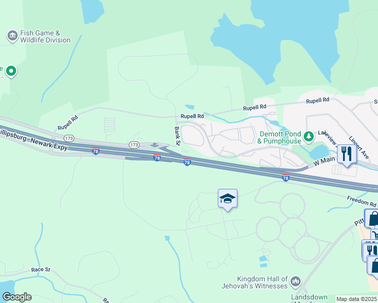 map of restaurants, bars, coffee shops, grocery stores, and more near Phillipsburg–Newark Expressway in Clinton