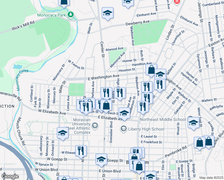 map of restaurants, bars, coffee shops, grocery stores, and more near 1501 High Street in Bethlehem