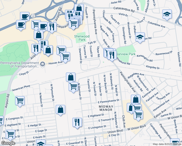 map of restaurants, bars, coffee shops, grocery stores, and more near 2001 East Columbia Street in Allentown