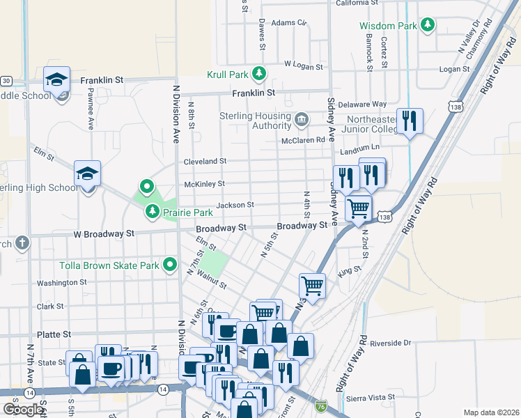 map of restaurants, bars, coffee shops, grocery stores, and more near 521 Jackson Street in Sterling