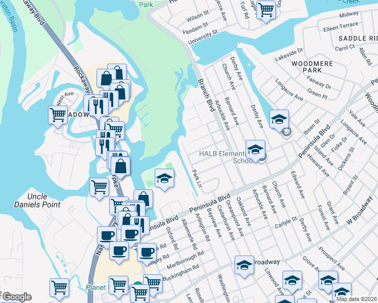 map of restaurants, bars, coffee shops, grocery stores, and more near 481 Harbor Drive in Cedarhurst