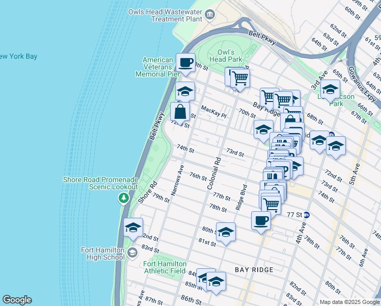 map of restaurants, bars, coffee shops, grocery stores, and more near 36 74th Street in Brooklyn