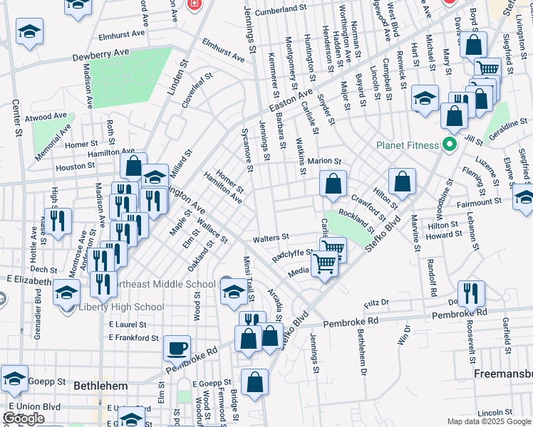 map of restaurants, bars, coffee shops, grocery stores, and more near 1516 Sycamore Street in Bethlehem