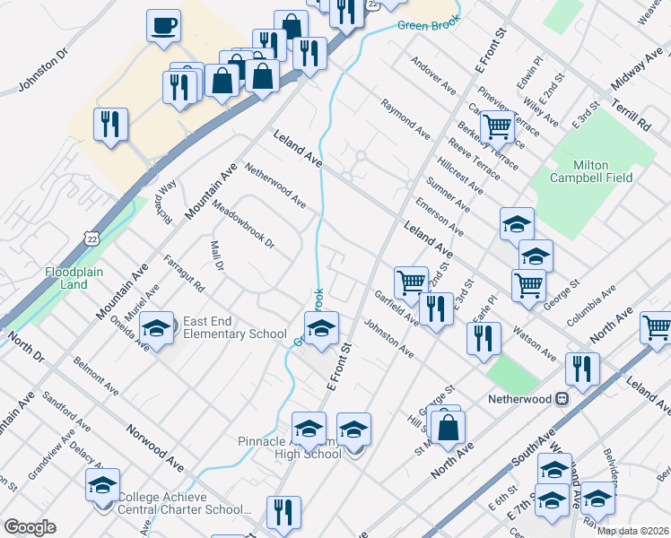 map of restaurants, bars, coffee shops, grocery stores, and more near 955 East Front Street in Plainfield