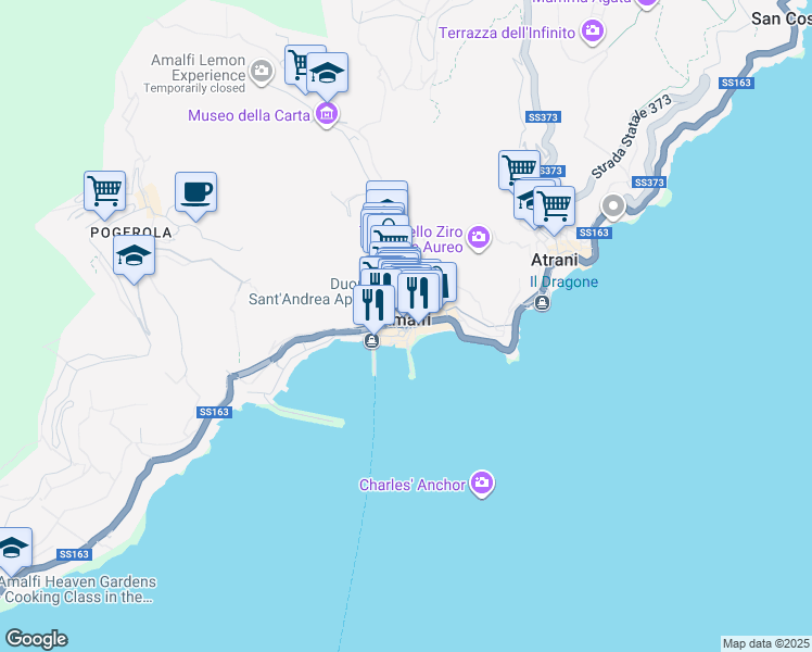 map of restaurants, bars, coffee shops, grocery stores, and more near in Amalfi