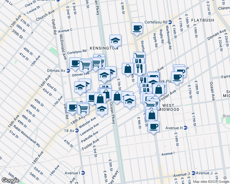 map of restaurants, bars, coffee shops, grocery stores, and more near 601 Ocean Parkway in Brooklyn