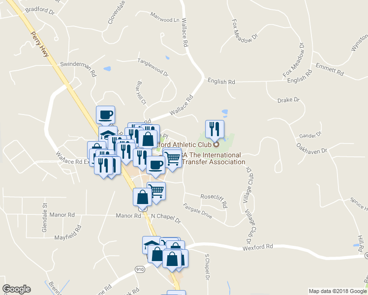 map of restaurants, bars, coffee shops, grocery stores, and more near 408 Village Place in Wexford