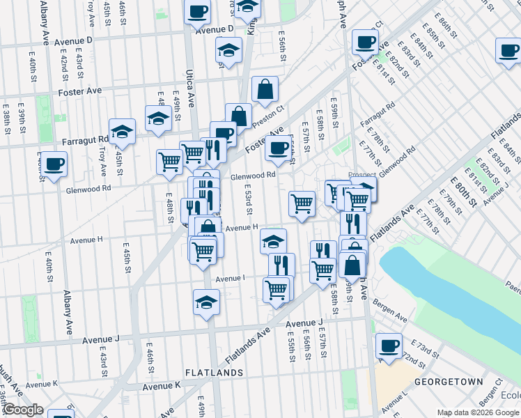 map of restaurants, bars, coffee shops, grocery stores, and more near 1009 East 54th Street in Brooklyn