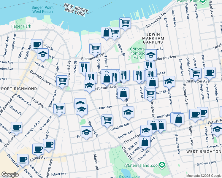map of restaurants, bars, coffee shops, grocery stores, and more near 217 Taylor Street in Staten Island