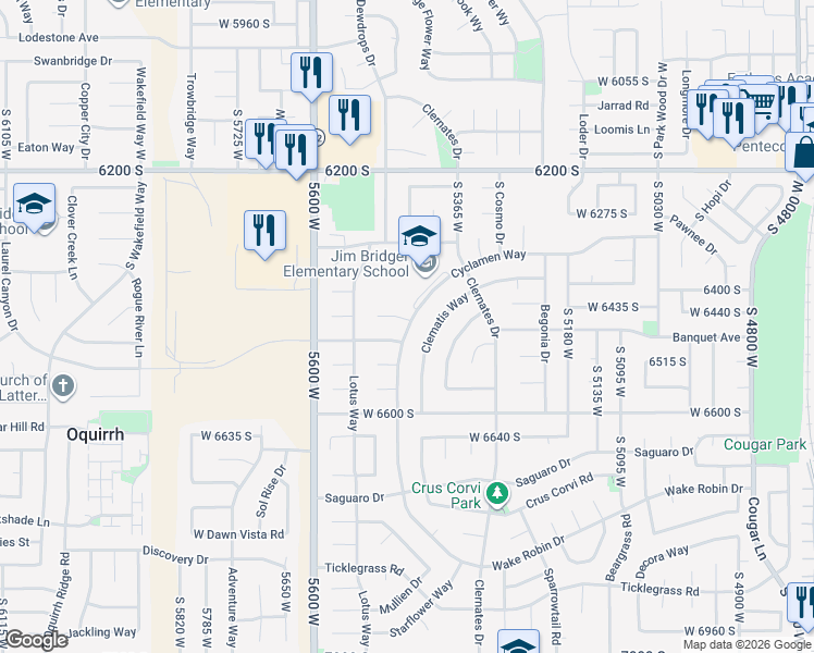 map of restaurants, bars, coffee shops, grocery stores, and more near 5421 West Cyclamen Cove in West Jordan