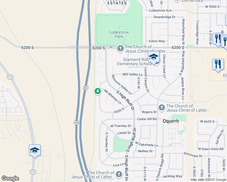 map of restaurants, bars, coffee shops, grocery stores, and more near 6487 Mount Whitney Lane in West Valley City