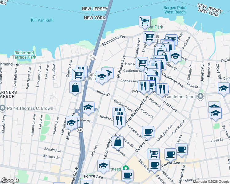 map of restaurants, bars, coffee shops, grocery stores, and more near 161 Clinton Place in Staten Island