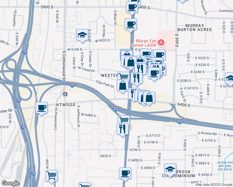 map of restaurants, bars, coffee shops, grocery stores, and more near 6363 Clay Park Drive in Murray