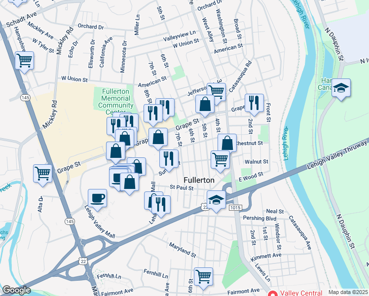 map of restaurants, bars, coffee shops, grocery stores, and more near 812 6th Street in Fullerton