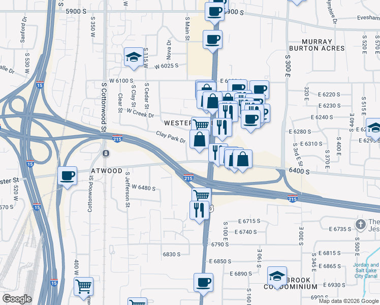 map of restaurants, bars, coffee shops, grocery stores, and more near 6363 Clay Park Drive in Murray