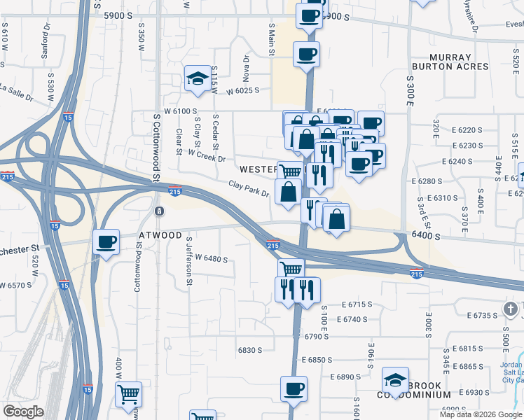 map of restaurants, bars, coffee shops, grocery stores, and more near 32 West Winchester Street in Murray