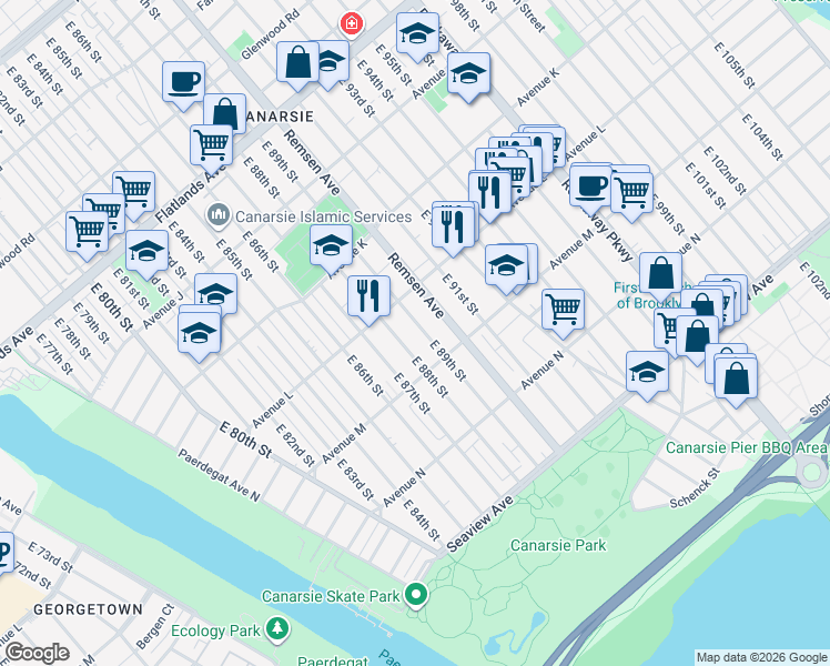 map of restaurants, bars, coffee shops, grocery stores, and more near 1255 East 88th Street in Brooklyn