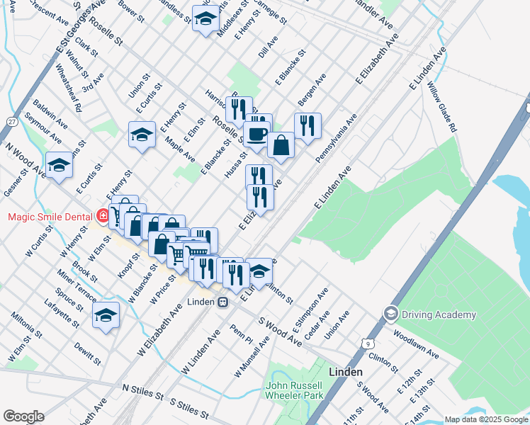 map of restaurants, bars, coffee shops, grocery stores, and more near 7 Maple Avenue in Linden