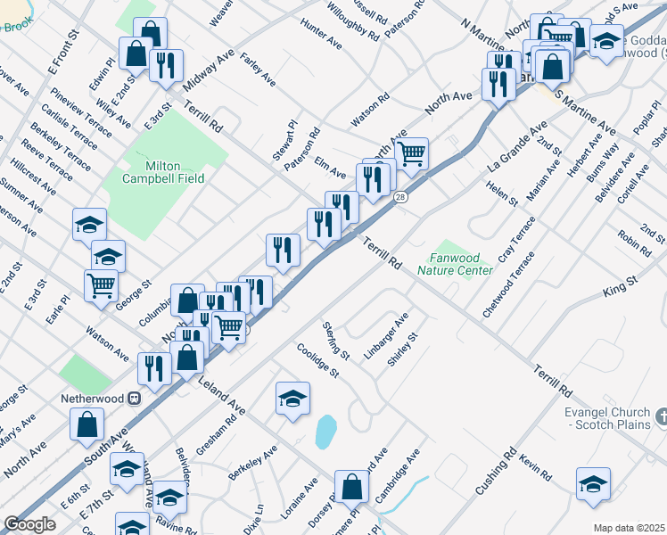 map of restaurants, bars, coffee shops, grocery stores, and more near 1424 South Avenue in Plainfield
