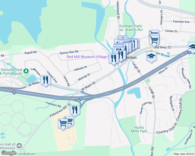 map of restaurants, bars, coffee shops, grocery stores, and more near 41 West Main Street in Clinton