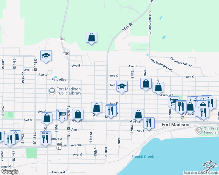 map of restaurants, bars, coffee shops, grocery stores, and more near 448-498 15th St in Fort Madison