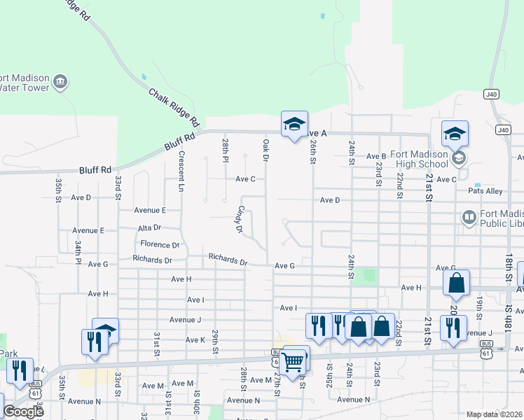 map of restaurants, bars, coffee shops, grocery stores, and more near 19 Oak Drive in Fort Madison