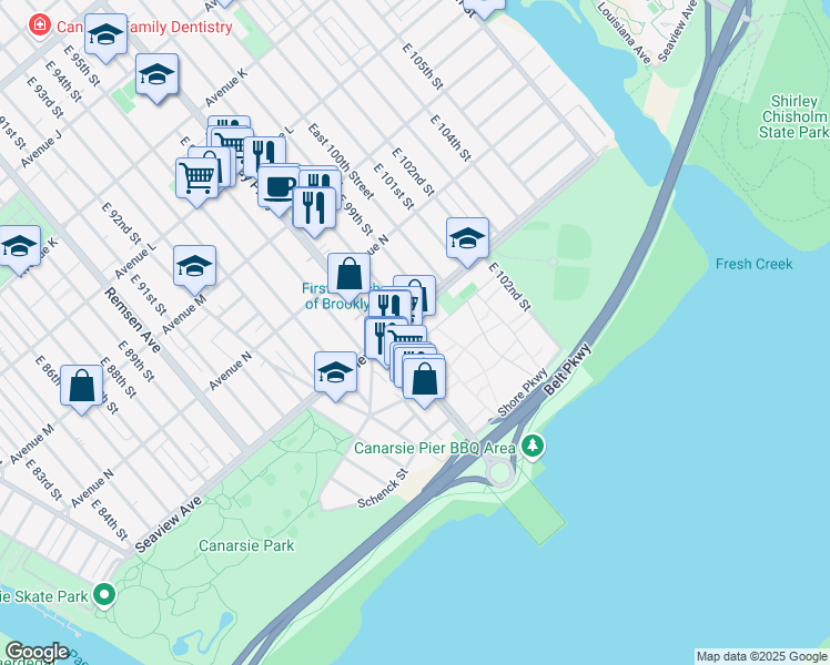 map of restaurants, bars, coffee shops, grocery stores, and more near 9820 Seaview Avenue in Brooklyn