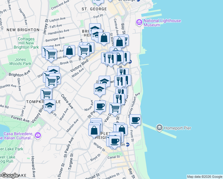 map of restaurants, bars, coffee shops, grocery stores, and more near 62 Grant Street in Staten Island
