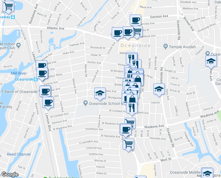 map of restaurants, bars, coffee shops, grocery stores, and more near 84 Evans Avenue in Oceanside