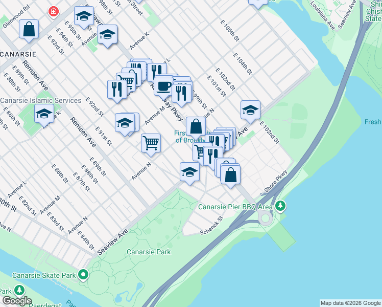 map of restaurants, bars, coffee shops, grocery stores, and more near 1631 East 95th Street in Brooklyn