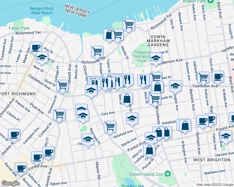 map of restaurants, bars, coffee shops, grocery stores, and more near 217 Taylor Street in Staten Island