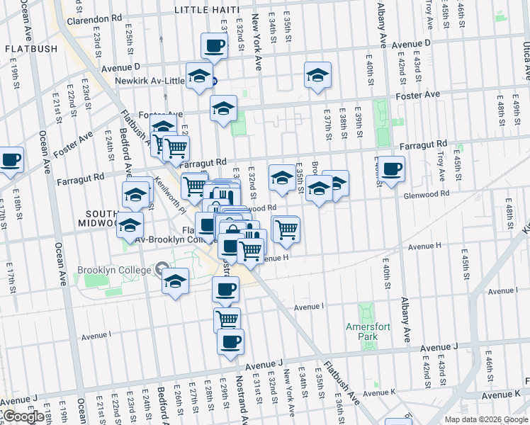 map of restaurants, bars, coffee shops, grocery stores, and more near 729 East 32nd Street in Brooklyn