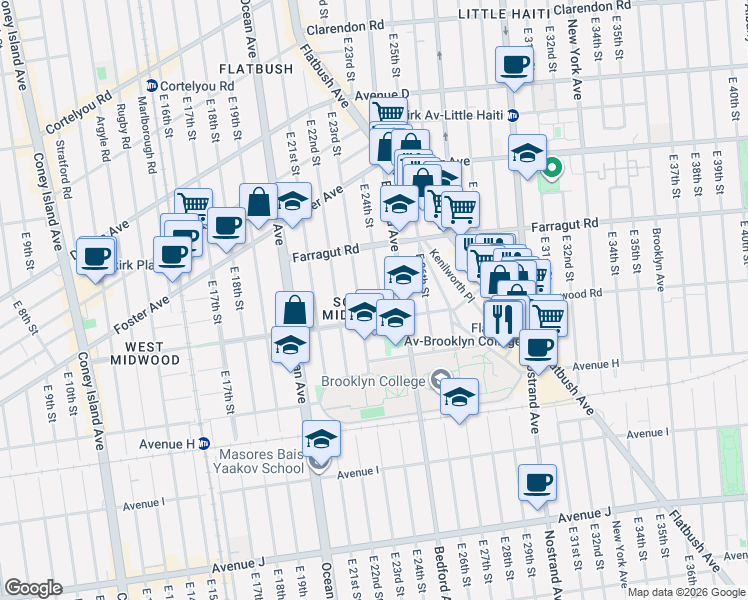 map of restaurants, bars, coffee shops, grocery stores, and more near 2307 Glenwood Road in Brooklyn