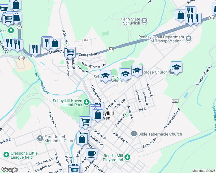 map of restaurants, bars, coffee shops, grocery stores, and more near 231 Paxson Avenue in Schuylkill Haven