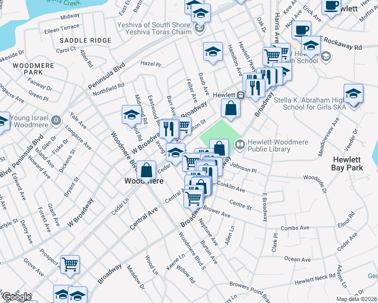 map of restaurants, bars, coffee shops, grocery stores, and more near 144 Franklin Place in Woodmere