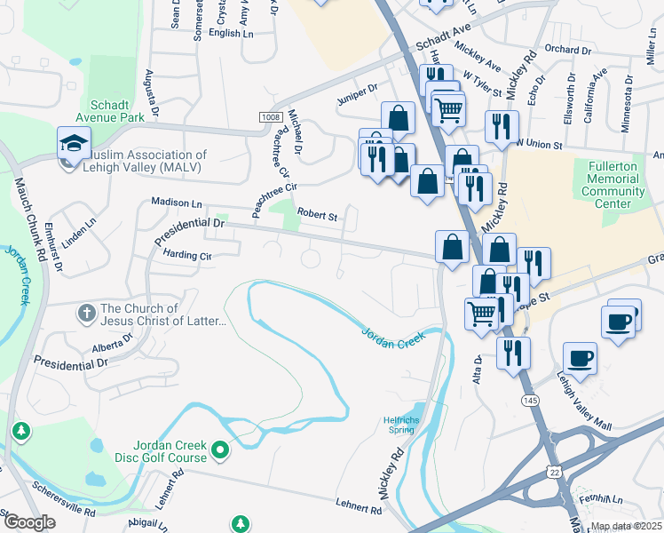 map of restaurants, bars, coffee shops, grocery stores, and more near 184 Shiloh Court in Fullerton