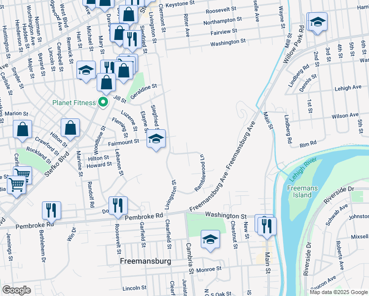 map of restaurants, bars, coffee shops, grocery stores, and more near 706 Bach Court in Freemansburg