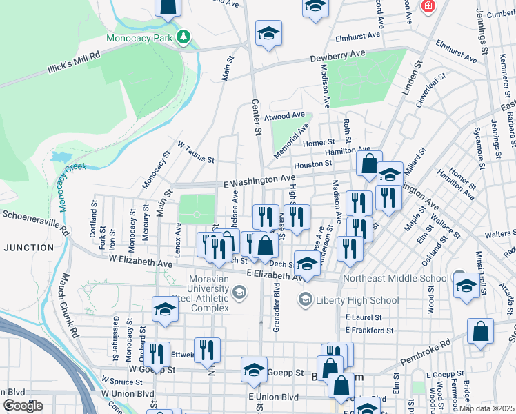map of restaurants, bars, coffee shops, grocery stores, and more near 1519 Center Street in Bethlehem