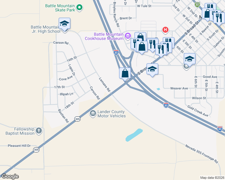 map of restaurants, bars, coffee shops, grocery stores, and more near 105 Old 8A in Battle Mountain