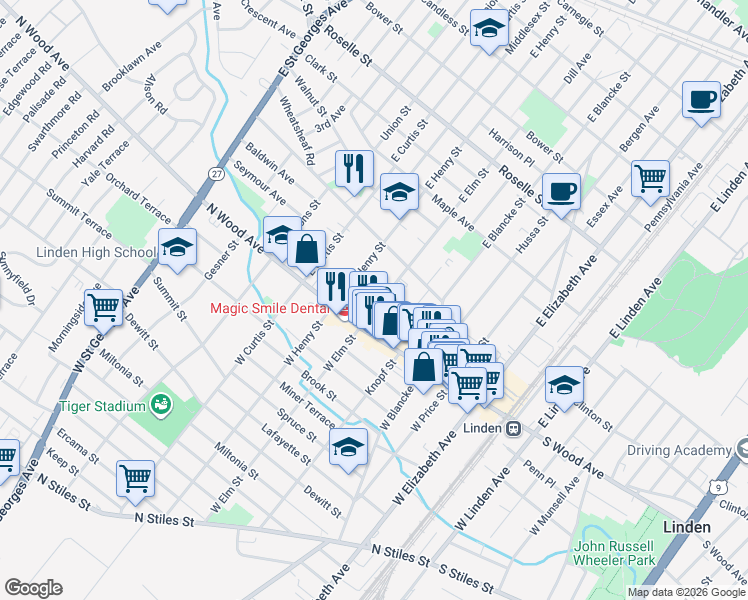 map of restaurants, bars, coffee shops, grocery stores, and more near 33 East Elm Street in Linden