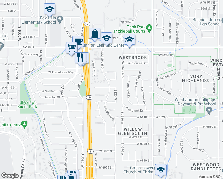 map of restaurants, bars, coffee shops, grocery stores, and more near 6457 Gold Medal Drive in West Jordan
