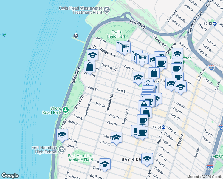 map of restaurants, bars, coffee shops, grocery stores, and more near 7306 Colonial Road in Brooklyn