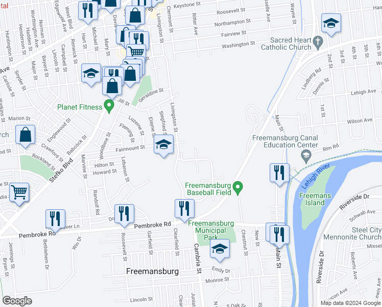 map of restaurants, bars, coffee shops, grocery stores, and more near 706 Bach Court in Freemansburg