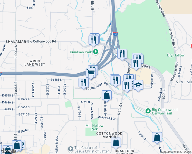 map of restaurants, bars, coffee shops, grocery stores, and more near 2855 East Cottonwood Parkway in Salt Lake City