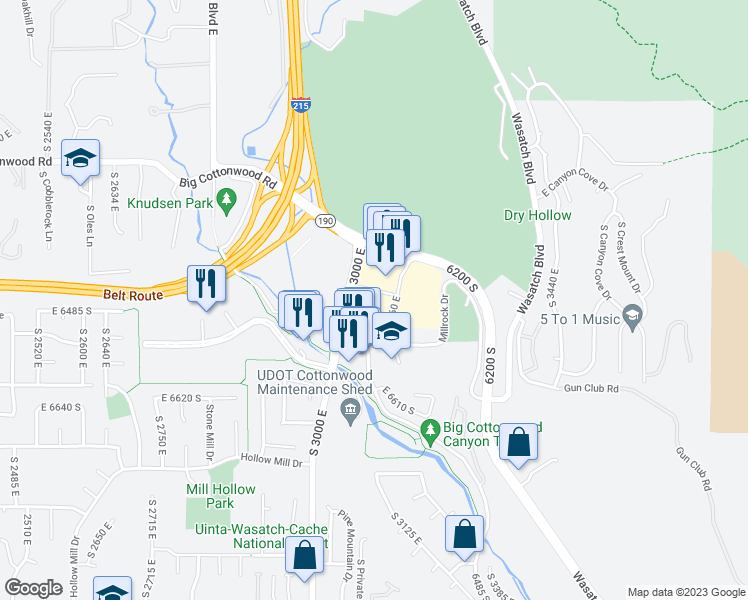 map of restaurants, bars, coffee shops, grocery stores, and more near 6425 South 3000 East in Salt Lake City