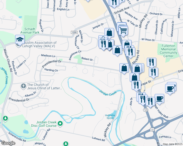 map of restaurants, bars, coffee shops, grocery stores, and more near 184 Shiloh Court in Fullerton