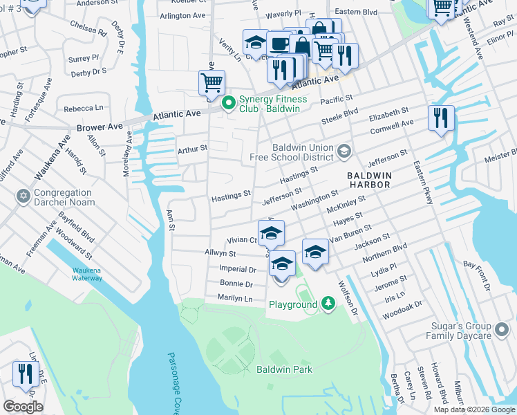 map of restaurants, bars, coffee shops, grocery stores, and more near 823 Washington Street in Baldwin