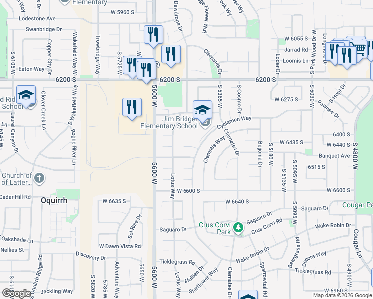 map of restaurants, bars, coffee shops, grocery stores, and more near 5481 West Cyclamen Cove in West Jordan
