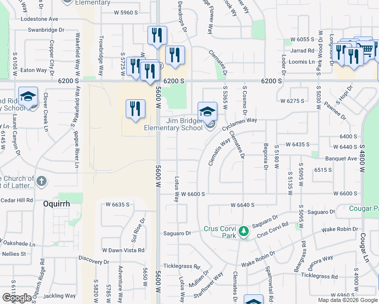 map of restaurants, bars, coffee shops, grocery stores, and more near 5489 West Cyclamen Cove in West Jordan