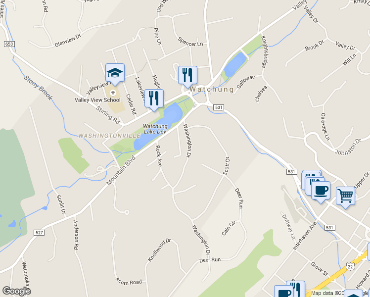 map of restaurants, bars, coffee shops, grocery stores, and more near 60 Washington Drive in Watchung